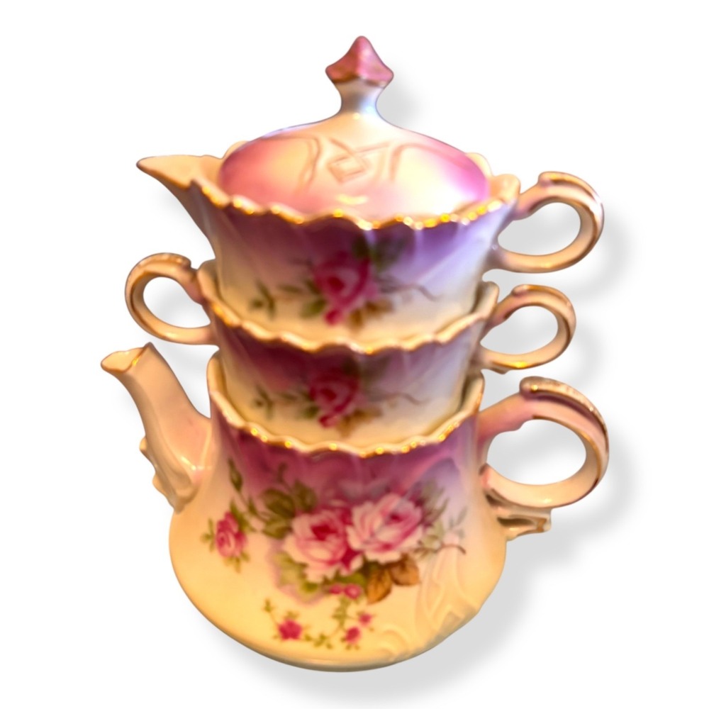 VTG Lefton Floral‎ Tea Set Gold Trim Pink White Porcelain